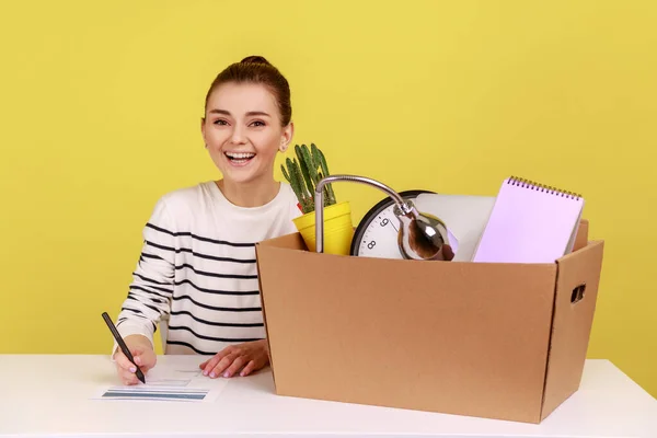 Happy Woman Office Worker Sitting Workplace Cardboard Box Her Things — стоковое фото