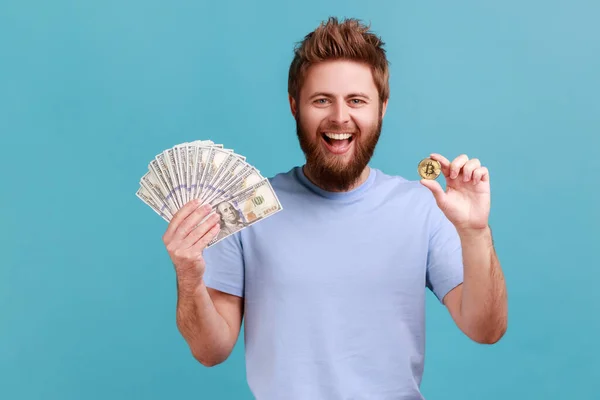 Portrait Positive Optimnistic Handsome Bearded Man Showing Dollar Banknotes Bitcoin — 图库照片