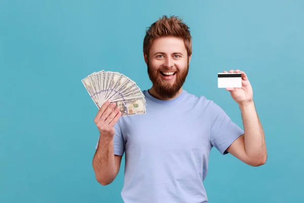 Portrait Positive Optimistic Satisfied Bearded Man Holding Credit Card Dollar — Photo