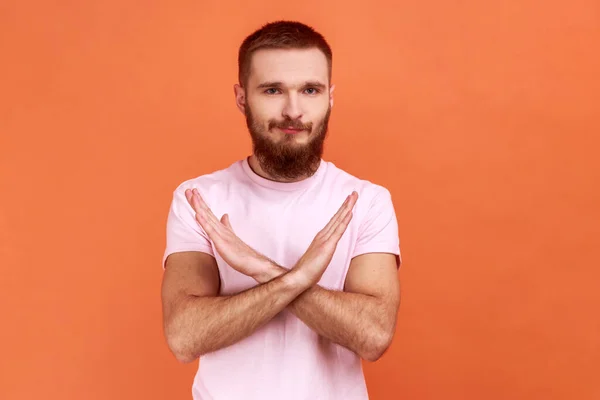 Portrait Handsome Young Adult Bearded Man Crossing Hands Gesturing Warning — Fotografia de Stock