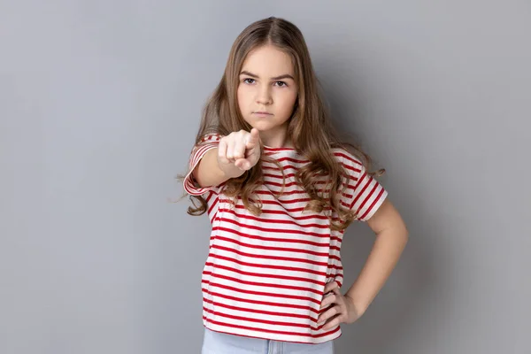 Portrait Strict Dark Haired Little Girl Wearing Striped Shirt Noticing — Stock Photo, Image