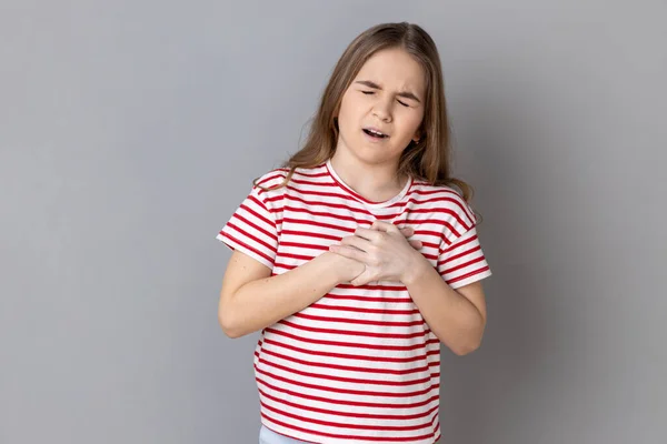 Portrait Ill Unhealthy Adorable Little Girl Wearing Striped Shirt Holding — Foto Stock