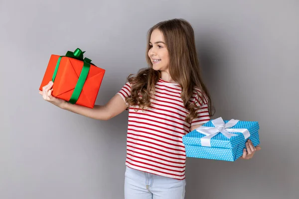 Portrait Charming Little Girl Wearing Striped Shirt Celebrating Her Birthday — Stockfoto