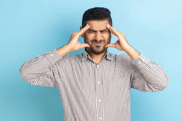 Unhappy Frustrated Bearded Businessman Massaging Temples Feeling Headache Suffering Migraine — Stockfoto