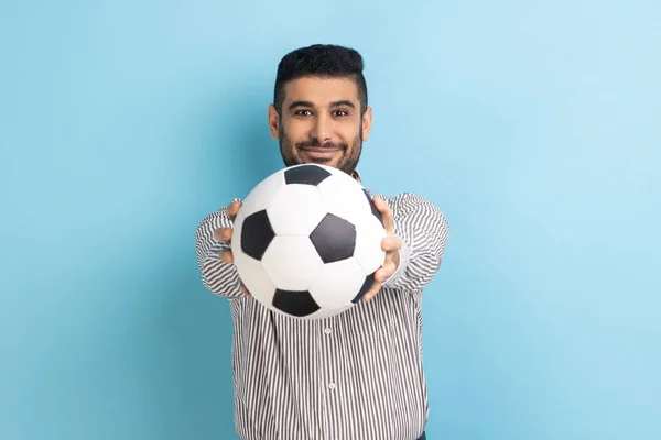 Happy Handsome Bearded Businessman Holding Out Soccer Ball His Hand — ストック写真