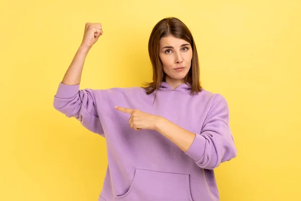 Confident Woman Standing Strong Gesture Looking Camera Serious Expression Pointing — Stockfoto