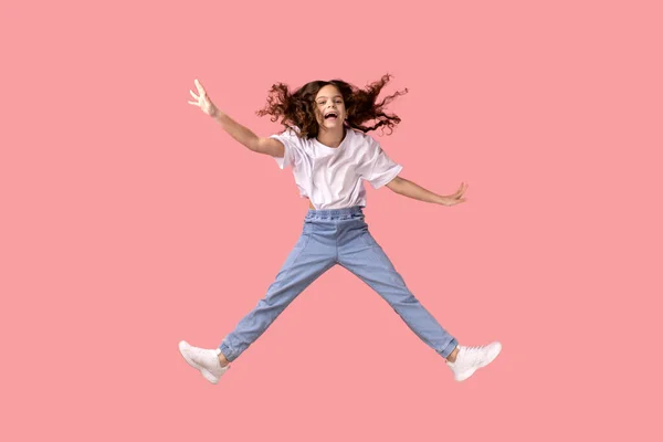 Full Length Portrait Excited Adorable Little Girl Wearing White Shirt — Stockfoto