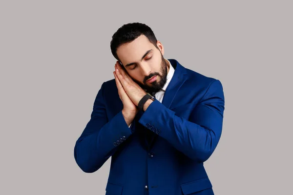 Portrait Tired Bearded Man Sleeping Laying Her Palms Keeping Eyes — Stock fotografie