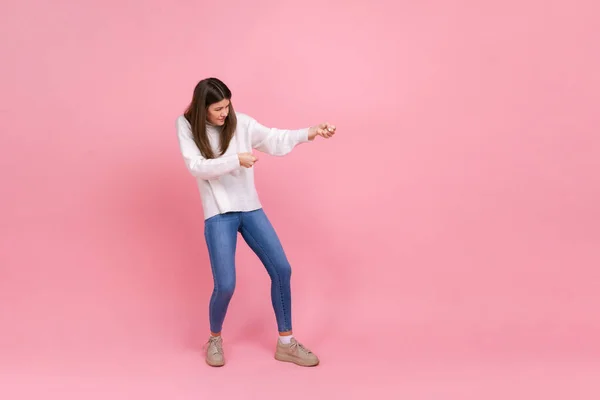 Full Length Portrait Girl Pulling Invisible Rope Effort Using All — Stock Photo, Image