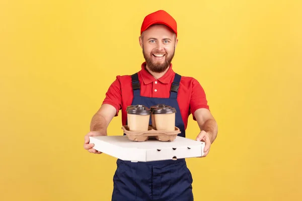 Portrait Smiling Professional Courier Wearing Blue Overalls Standing Pizza Box —  Fotos de Stock