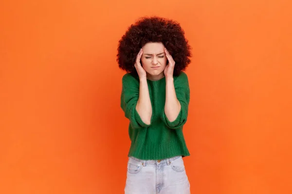 Depressed Woman Afro Hairstyle Wearing Green Casual Style Sweater Suffering — стокове фото