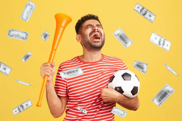 Money Rain Rich Lucky Man Extremely Happy Holding Soccer Ball — ストック写真