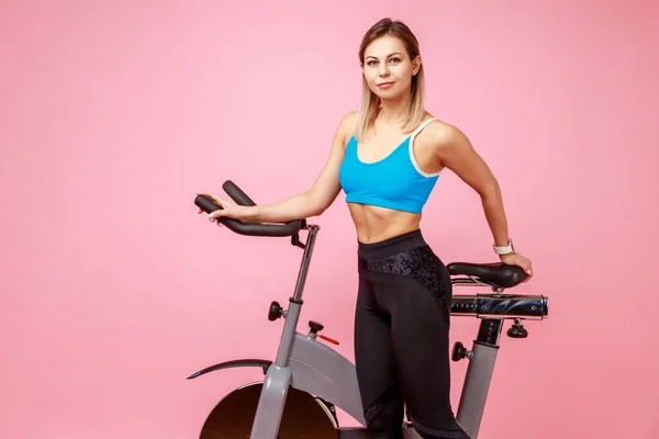 Portrait Beautiful Blonde Woman Slim Body Shape Posing Exercise Bike — Fotografia de Stock