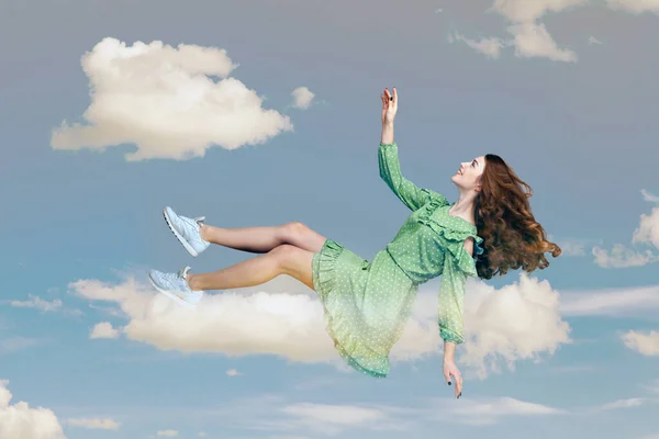 Hovering Air Cheerful Smiling Pretty Girl Ruffle Dress Levitating Flying — 图库照片