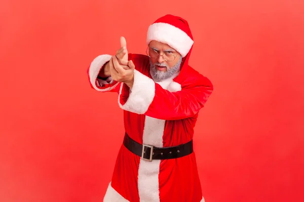 Kill You Portrait Angry Elderly Man Santa Claus Costume Pointing — Fotografia de Stock