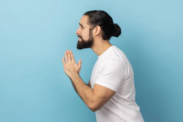 Please Begging Forgive Side View Upset Worried Man Beard Wearing — ストック写真