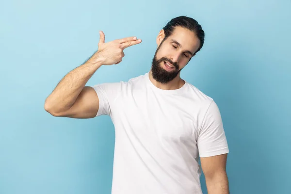 Headshot Kill Please Depressed Man Beard Wearing White Shirt Committing — Stockfoto
