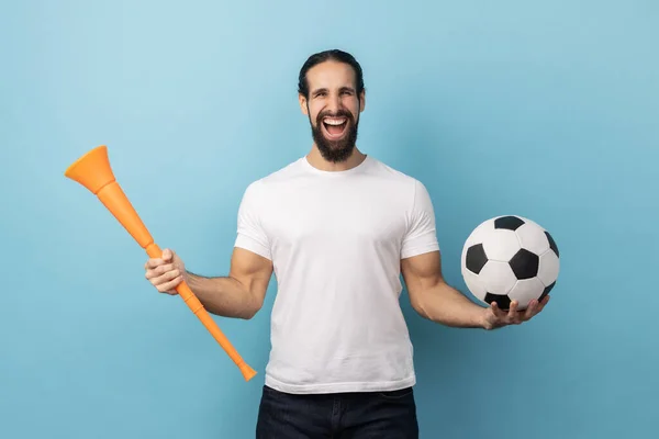 Portrait Cheerful Man Beard Wearing White Shirt Holding Bullhorn Soccer — ストック写真