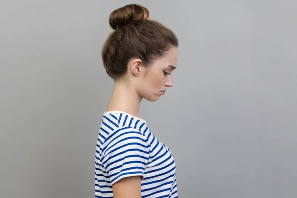 Side View Sad Upset Young Adult Woman Wearing Striped Shirt — Foto de Stock