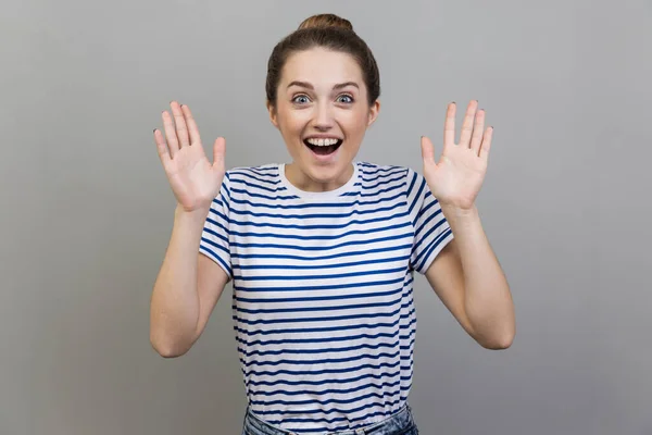 Portrait Extremely Happy Positive Excited Woman Wearing Striped Shirt Standing — Stock Photo, Image