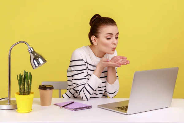 Charming Happy Woman Striped Shirt Sending Air Kisses Laptop Display — 图库照片