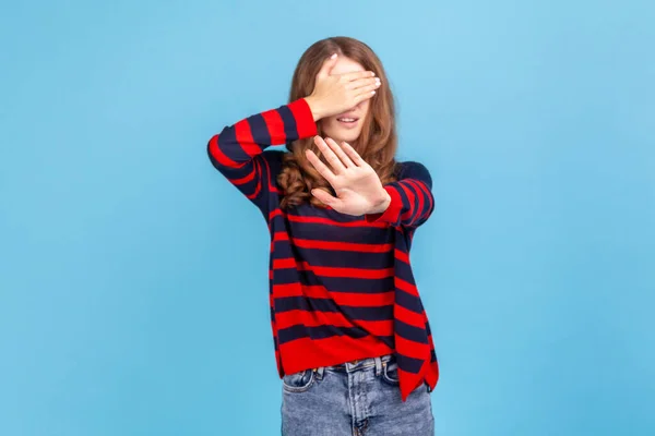 Dont Want See Portrait Woman Wearing Striped Casual Style Sweater — Stok fotoğraf