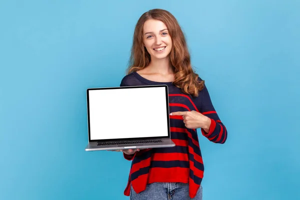 Attractive Woman Wearing Striped Casual Style Sweater Standing Looking Camera — Stockfoto