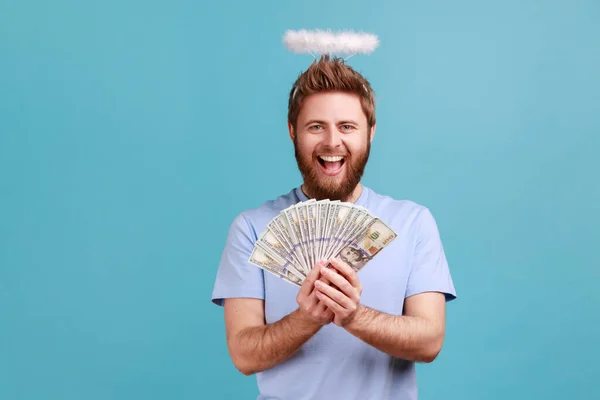 Portrait Excited Bearded Angelic Man Holy Nimbus Head Holding Fan — 스톡 사진