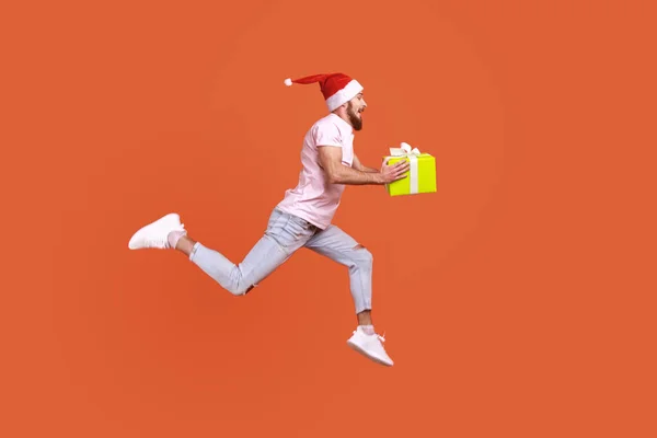 Bearded Man Jumping Air Running Quickly Fast Give Present Box — Stok fotoğraf