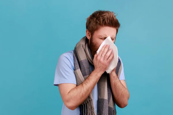 Portrait Unhealthy Bearded Man Wrapped Warm Scarf Coughing Sneezing Hard — Fotografia de Stock