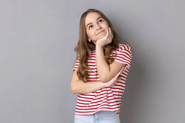 Portrait Happy Positive Little Girl Wearing Striped Shirt Standing Hand — ストック写真