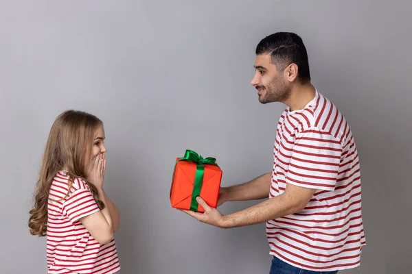 Side View Father Giving Red Present Box His Daughter Family — Stockfoto