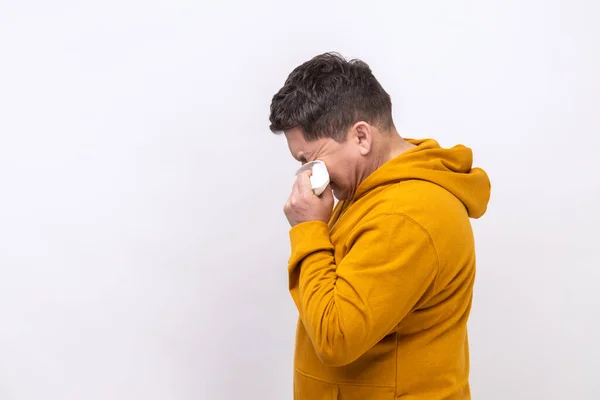 Side View Desperate Middle Aged Man Rubbing Eyes Crying Because — Stockfoto