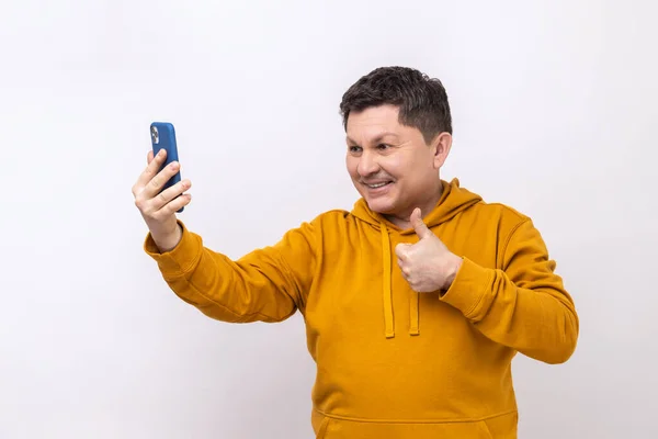 Smiling Man Showing Thumbs Gesture Looking Phone Camera Making Selfie — Photo
