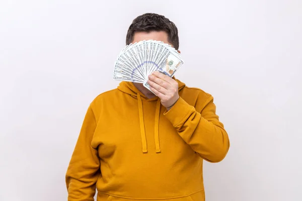 Unknown Man Hiding Face Fan Hundred Dollar Bills Big Winning — Stock fotografie