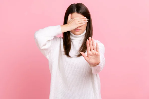 Confused Woman Covers Eyes Raising Hand Stop Feeling Stressed Refusing — Stock Fotó