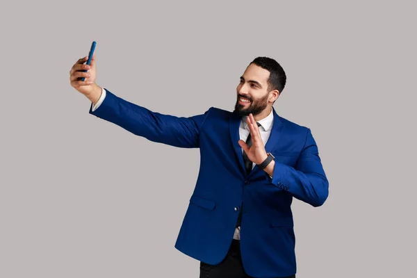 Man Making Selfie Smartphone Camera Blogger Communicating Recording Video Followers — Stok fotoğraf