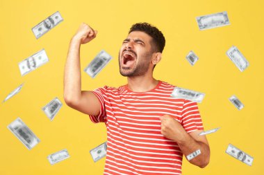 Money rain, winner and rich. Ecstatic happy celebrating motivated man standing with raised fists and shouting for joy, winner excited for success. dollars falling. indoor isolated on yellow background