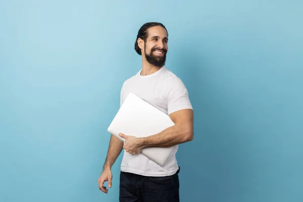 Side View Positive Man Beard Wearing White Shirt Standing Holding — Foto Stock