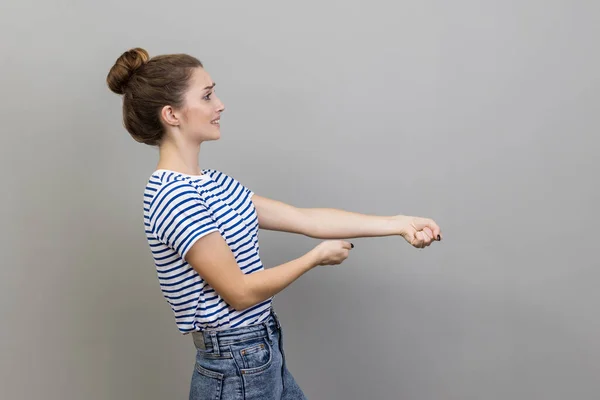Portrait Strong Ambitious Woman Wearing Shirt Pretending Pull Invisible Rope — Stock Fotó