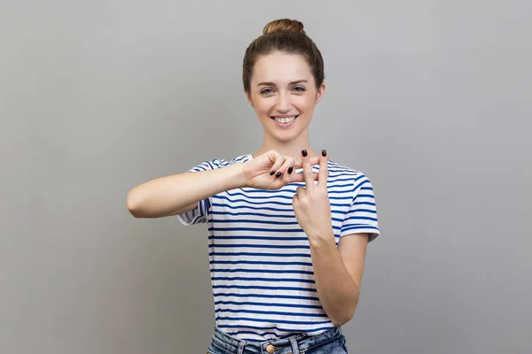 Internet Trends Portrait Woman Wearing Striped Shirt Crossing Fingers Make — Zdjęcie stockowe