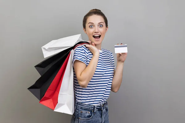 Wow Shopping Loan Cashback Portrait Astonished Woman Wearing Striped Shirt — Stok fotoğraf