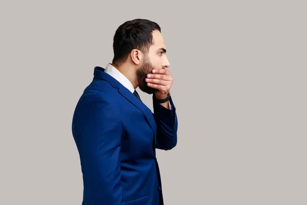 Side View Attractive Bearded Businessman Closing Mouth Hand Afraid Say — Stock fotografie