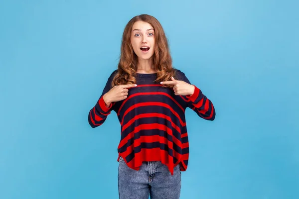 Wow Surprised Woman Wearing Striped Casual Style Sweater Pointing Herself — Stock Photo, Image