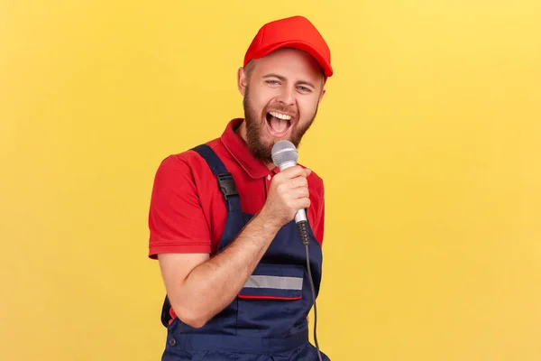 Portrait Happy Excited Worker Man Standing Microphone Hands Singing Corporate —  Fotos de Stock