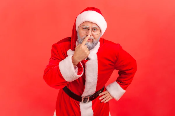 Elderly Man Gray Beard Wearing Santa Claus Costume Touching Nose — Stockfoto