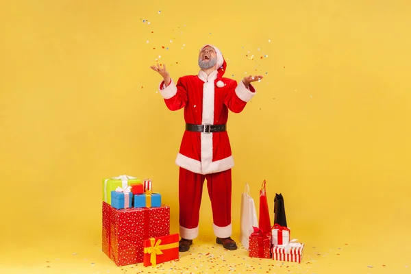 Full Length Portrait Happy Elderly Man Santa Claus Costume Raising — Stock Fotó