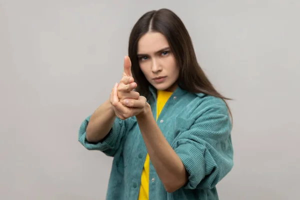 Kill You Woman Pointing Finger Guns Camera Aiming Target Threatening — Stockfoto