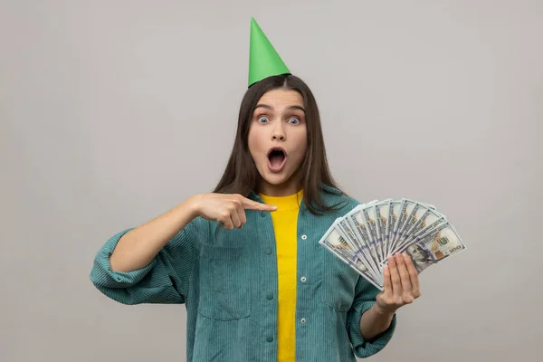 Amazed Excited Rich Woman Party Cone Head Pointing Money Looking — Stock fotografie