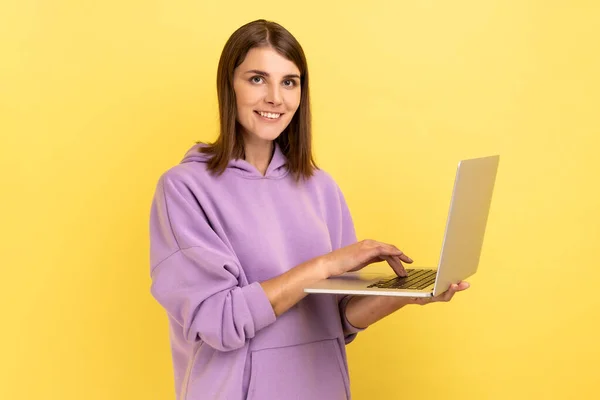Portrait Optimistic Positive Young Adult Woman Working Laptop Compute Looking — Foto Stock
